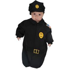 a baby dressed in a black police officer costume with yellow patches on the chest and hat