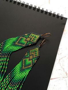 Elegant long green earrings. Unique seed bead earrings. | Etsy Bohemian Beaded Jewelry, Green Beaded Earrings, Huichol Pattern, Crafty Hobbies, Native Crafts, Native American Beaded Earrings, Anniversary Gift For Wife, Prom Earrings, Earrings Big