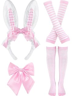 PRICES MAY VARY. Easter Party Bunny Accessory Set: the package comes with 1 piece of bunny ears headband, 1 pair of knitted arm warmers, 1 pair of striped socks and 1 piece of adjustable bowknot, which is a nice combination to wear at Easter party Cute Bunny Ear Design: our rabbit hair band is designed as a rabbit's pink erect long ear shape, adorned with beautiful pink bow and lace ornaments to make it look more lovely, very suitable for Easter costume party, cosplay and role-playing game or we Knitted Arm Warmers, Easter Bunny Costume, Rabbit Accessories, Easter Costume, Bunny Ears Headband, Soft Pink Theme, Bunny Costume, Pink Girly Things, Thigh High Socks