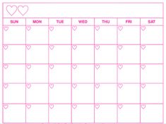 a pink calendar with hearts on it