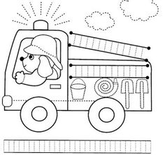 a coloring page with a dog in a fire truck