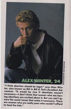 an advertisement for alex winter, 24 years old and wearing a black leather jacket with his hand on his chin