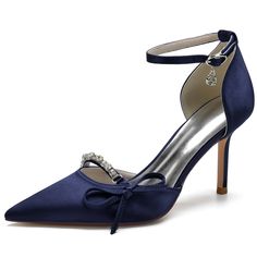 Shop Navy Satin  Ankle Strap Rhinestone Pointed Toe Stiletto Wedding Pumps color Navy for Dancing Club, Date, Party, Wedding with worldwide Free shipping & Free return. Bridal Party Shoes, Peep Toe Wedding Shoes, Wedding Shoes High Heels, Princess Life, Dancing Club, Wedding High Heels, Formal Heels, Wedding Pumps, Wedding Shoes Heels