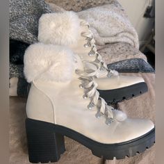 Esprit Boots, Off White Color, Never Worn, Super Fuzzy And Soft, Matches Every Color. White Closed Toe Heels For Winter, White Synthetic Lace-up Boots For Winter, White Synthetic Lace-up Winter Boots, Trendy White Winter Heels, White Ankle Boot Heels For Winter, White Winter Ankle Boot Heels, Cream High Ankle Heels For Winter, Casual Cream Heels For Winter, Winter White Heels Medium Width