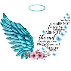 an angel with blue wings and pink flowers on it's side, surrounded by words from the bible