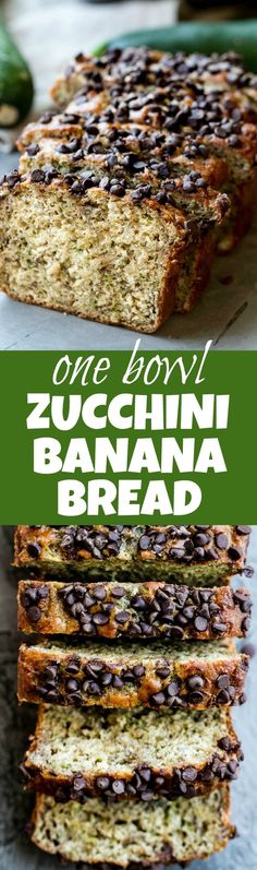 one bowl zucchini banana bread with chocolate chips on top and the other side