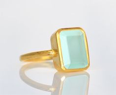 Large Faceted natural Aqua Chalcedony Vermeil by DaniqueJewelry Rectangular Gold Emerald Ring With Bezel Setting, Rectangular Faceted Ring As A Gift, Gift Emerald Ring With Rectangular Stone, Modern Rectangular Emerald Ring As A Gift, Rectangular Emerald Ring As A Gift, Aqua Gemstone, Aqua Chalcedony Ring, March Birthstone Ring, Chalcedony Ring