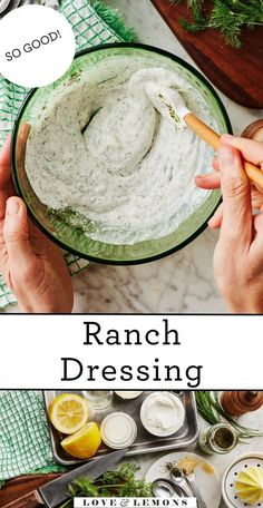 ranch dressing in a bowl with lemons and herbs