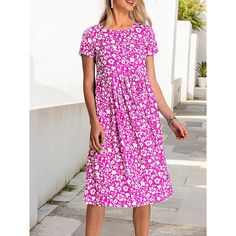 Season:Summer; Fabric:Polyester; Sleeve Length:Short Sleeve; Look After Me:Machine wash; Gender:Women's; Style:Streetwear; Elasticity:Micro-elastic; Occasion:Vacation,Street,Holiday; Fit Type:Regular Fit; Dresses Type:Casual Dress,Summer Dress; Pattern:Floral; Design:Print; Neckline:Crew Neck; Brand:Shall We; Front page:FF; Listing Date:03/15/2024; Bust:; Length:; Sleeve:; Fit US Size:; Fit UK Size:; Fit EU Size:; Dress Length Type:Midi Dress; Print Type:Print Short-sleeved Floral Beach Dress, Pink Floral Print Knee-length Sundress, Dresses With Short Sleeves, Casual V-neck Smocked Dress With Floral Print, Floral Print Non-stretch Short Sleeve Midi Dress, Dress Vacation, Print Dresses, Style Streetwear, Vacation Dresses