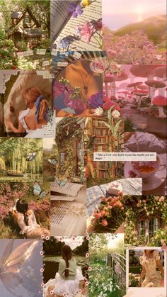 the collage shows many different pictures and words on it, including flowers, trees, books