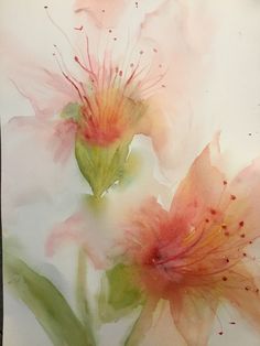 two pink flowers with green leaves on a white background, watercolor painting by an artist