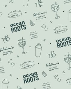 the ocean roots logo is shown in black and white on a light green background with various drinks