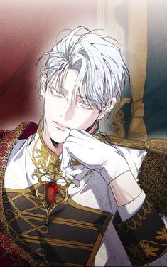 an anime character with white hair, wearing a gold and black outfit holding his hand to his face