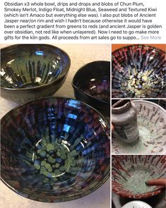 several pictures of different colored glass bowls