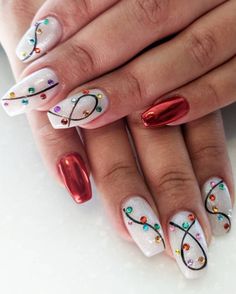 Short Nail Xmas Designs, Coffin Nail Designs Winter, Winter Nails Coffin Short, Nail Designs For Ring Finger, Christmas Nails Summer, Christmas Nail Designs Lights, Short Coffin Winter Nails, Christmas Lights Nail Designs, Fall Winter Nails Design