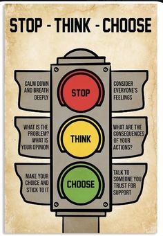 a traffic light with the words stop, think and choose on it's side