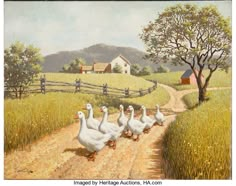 a painting of ducks walking down a dirt road in front of a farm with a barn