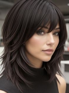 Flipped Layers Haircut, Choppy Layers With Bangs Medium, Layered Hairstyles Medium Length, Long Rocker Hair Cuts For Women, Popular Medium Length Haircuts, Medium Length Hair Styles For Round Faces Bangs Long Layered, Long Shag Haircut Fine Hair, Medium Length Shaggy Haircuts, Haircuts Dark Hair