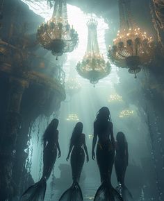 two mermaids are standing in front of chandeliers