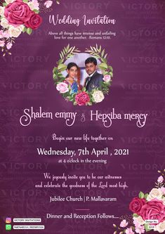 The couple photo floral Theme of the bible verse Christian digital invitation card for a church wedding ceremony in purple background color. This e-invite card is perfectly suitable for Catholic families and it's available in English language. It includes elements such as couple photo, pink flowers, red flowers, green leaves, and flower patterns. Christian Wedding Invitation, Ceremony Invitation Card, Digital Invitation Card, Ceremony Invitation