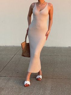 On sale!! New with tag!! Light Beige bodycon dress size S/M Slim Fit Bodycon Dress For Summer, Chic Ribbed Bodycon Summer Dress, Summer Knee-length Slim Fit Bodycon Dress, Beige Bodycon Dress For Date Night, Chic Non-stretch Midi Length Bodycon Dress, Casual Beige V-neck Bodycon Dress, Casual Beige Bodycon Dress For Fall, Casual Maxi Length Stretch Bodycon Dress, Chic Beige Ribbed Dresses