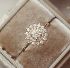 an engagement ring in a velvet box with flowers on it's side and the center stone is surrounded by small white diamonds