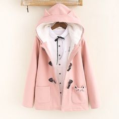 Áo Blu, Hooded Wool Coat, Hooded Winter Coat, Pockets Design, Kawaii Fashion Outfits, Hoodie Coat, Rilakkuma, Winter Coats, Kawaii Clothes