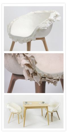 three different views of the same chair and table, one with ruffled fabric on it