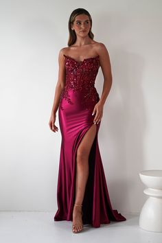 Dallas Luxe Embellished Gown | Dark Wine Prom Inspo, Prom Ideas, Embellished Gown, Beautiful Prom Dresses, Senior Prom, Pretty Prom Dresses, Dress Inspo, Senior Year