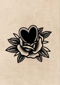 a black and white drawing of a rose with a heart on it's center