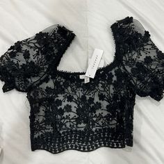 Brand New, Never Used Top Shop Black Laced Top. Size: Us 2 Open To Offers :) Black Short Sleeve Crop Top For Evening, Spring Evening Crop Top Blouse, Elegant Black Short Sleeve Crop Top, Party Cropped Lace Top, Black Lace Crop Top For Evening, Chic Black Lace Top Crop Top, Chic Black Lace Crop Top, Simple Goth Outfit, Genshin Oc