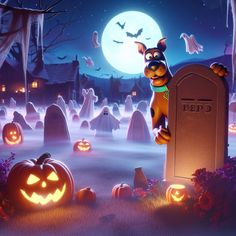 a cartoon dog standing in front of a cemetery with pumpkins and bats around it