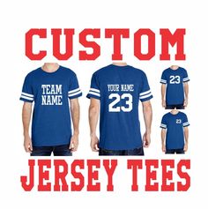 MEN'S CUSTOM JERSEY T Shirt Tee Blue Dad Family Last Name Number Gift Family Personalized Team Color Blue Letter Print Jersey For College, Blue Cotton Jersey For Game Day, Blue Team Spirit Jersey With Letter Print, Blue Jersey With Letter Print For Sports Season, Blue Jersey With Letter Print For Team Events, Blue Letter Print Jersey For Team Events, Customizable Blue Collegiate Tops, Blue College T-shirt For Football Season, Blue Fan Apparel Jersey With Team Name