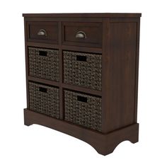 a wooden cabinet with four baskets on it's front and bottom drawers in dark brown