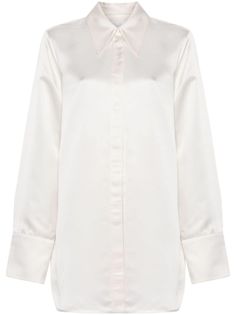 white duchess satin weave concealed front button fastening pointed flat collar long sleeves buttoned cuffs curved hem Pointed Flat Collar, Duchess Satin, Flat Collar, Yoko London, Satin Shirt, Exclusive Fashion, Lady Dior, Jil Sander, Jacket Tops