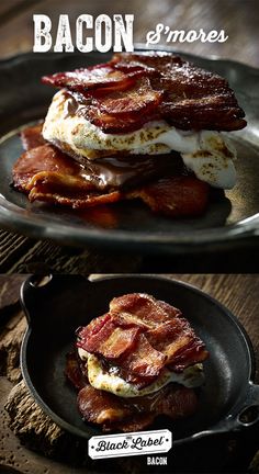 bacon and eggs are stacked on top of each other in a frying pan for breakfast