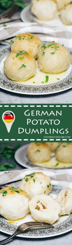 three plates with different types of food on them and the words german dumplings written below