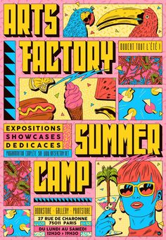 an advertisement for the art factory summer camp, with colorful images and words on it