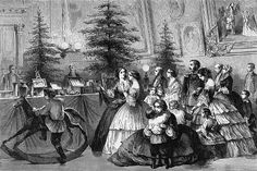 an old black and white drawing of people dancing in front of a christmas tree with other people