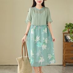 Details: Item Type: Dress Main Material: Linen Season: Summer Style: Leisure, Daily Pattern Type: Print Waist Type: Loose Fit Type: Loose fit/ Pullover Size: One Size Length: 110.00 cm/ 43.31 " Bust: 110.00 cm/ 43.31 " Linen Dress Short, Dress Short Sleeve, Dress Short, Linen Dress, Dress First, Summer Style, Season Summer, Light Green, Style Casual