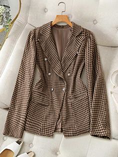 Plus Size Notched Lapel Front Button Long Sleeve Fake Pocket Casual Blazer Khaki Elegant  Long Sleeve Woven Fabric Houndstooth,Plaid Regular Non-Stretch  Women Plus Clothing, size features are:Bust: ,Length: ,Sleeve Length: Womens Business Professional, Teacher Outfits Fall, Blazer Casual, Simple Scarf, Girls Snow Boots, Kids Snow Boots, Button Long Sleeve, Winter Outerwear, Patterned Scarves