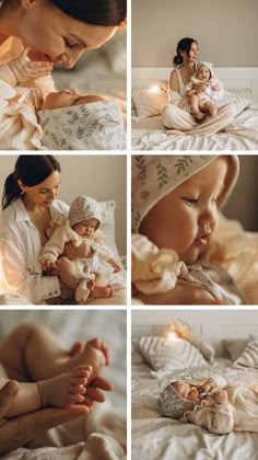 a woman holding a baby on top of a bed