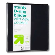 a black binder with the words study binder with view pockets in green on it