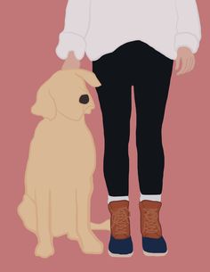 a person standing next to a dog on a pink background