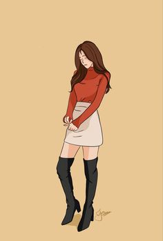 a woman with long hair and boots standing in front of a brown wall wearing a red sweater