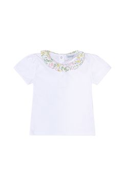 Our Berry Wildflower Tee is made from the finest pima cotton, which is hand-picked in Peru. Our pima is both hypoallergenic and breathable for your kids' delicate skin. The ruffle neck pattern gives it a fresh and flowery vibe. The perfect tee for your little girl. 100% Pima Cotton Machine washable Made in Peru *This beautiful print has come to life thanks to Pearly Gates Designs. Floral Print Peter Pan Collar Summer Top, White Tops With Floral Print And Ruffled Collar, Cotton Floral Print Top With Ruffled Collar, Cotton Tops With Floral Print And Ruffled Collar, White Cotton Top With Ruffled Collar, White Summer Top With Peter Pan Collar, White Peter Pan Collar Top For Summer, White Summer Shirt With Ruffled Collar, White Ruffled Collar Shirt For Summer