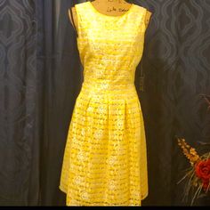 Women Elegant Yellow Fit And Flare Dress, Elegant Mustard Spring Dresses, Yellow Knee-length Midi Dress For Spring, Chic Yellow Lined Midi Dress, Chic Yellow Sheath Dress, Fitted Yellow Dress, Yellow A-line Lined Dress, Yellow Lined Fitted Midi Dress, Yellow Fitted Lined Midi Dress