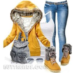 Gray and yellow Yellow Winter Outfits, Snow Day Outfit, Yellow Outfit, Casual Winter Outfits, Winter Fashion Outfits, Fall Winter Outfits, Cute Casual Outfits, Look Fashion