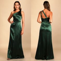 two pictures of a woman in a green dress with one shoulder open and the other showing her back