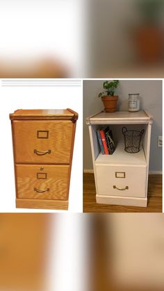 three different types of drawers with books on each drawer and a potted plant in the corner